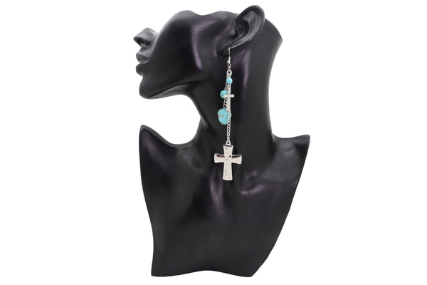 Brand New Women Silver Metal Chain Fashion Jewelry Dangle Earring Set Cross Turquoise Bead