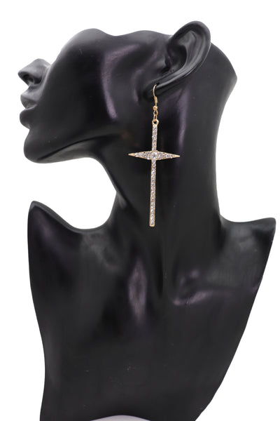 Brand New Women Gold Metal Pointy Cross Charm Earring Set Religious Bling Fashion Jewelry