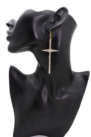 Brand New Women Gold Metal Pointy Cross Charm Earring Set Religious Bling Fashion Jewelry