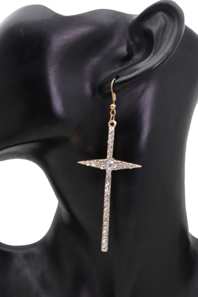 Brand New Women Gold Metal Pointy Cross Charm Earring Set Religious Bling Fashion Jewelry