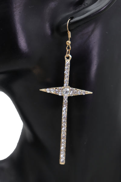 Brand New Women Gold Metal Pointy Cross Charm Earring Set Religious Bling Fashion Jewelry