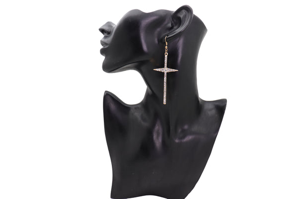 Brand New Women Gold Metal Pointy Cross Charm Earring Set Religious Bling Fashion Jewelry