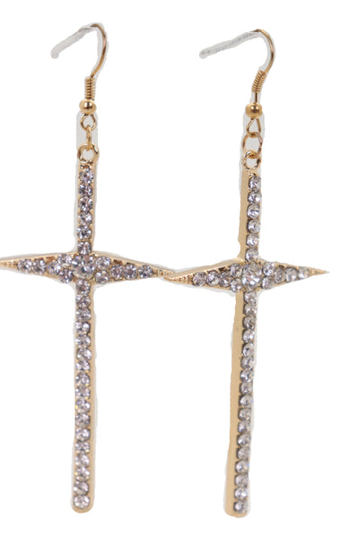 Brand New Women Gold Metal Pointy Cross Charm Earring Set Religious Bling Fashion Jewelry