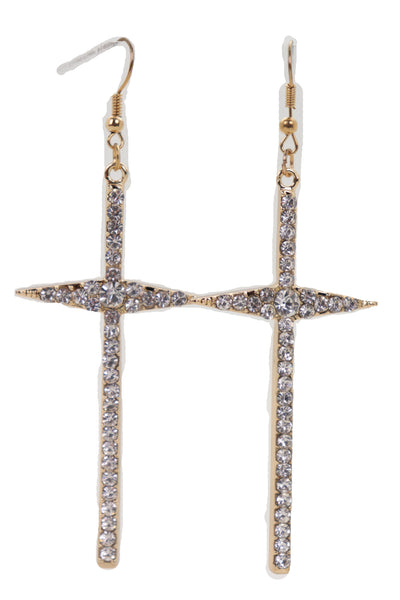 Brand New Women Gold Metal Pointy Cross Charm Earring Set Religious Bling Fashion Jewelry