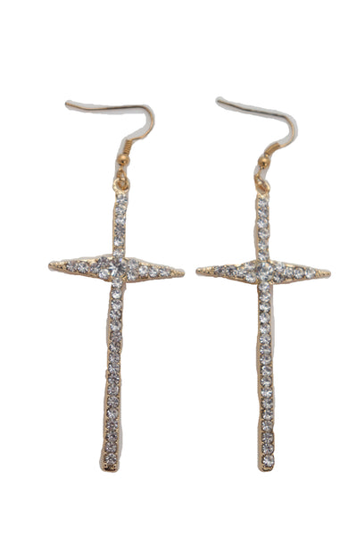 Brand New Women Gold Metal Pointy Cross Charm Earring Set Religious Bling Fashion Jewelry