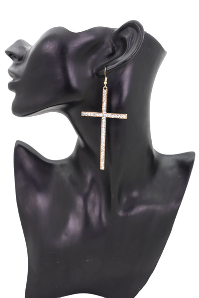 Brand New Women Gold Metal Big Cross Earrings Set Hook Closer Fashion Religious Jewelry Elegant