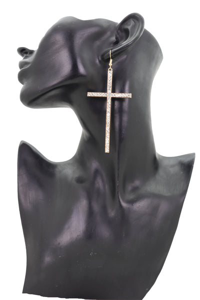 Brand New Women Gold Metal Big Cross Earrings Set Hook Closer Fashion Religious Jewelry Elegant