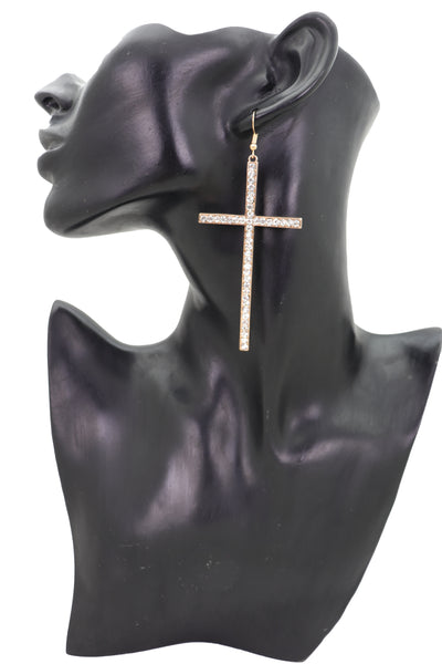 Brand New Women Gold Metal Big Cross Earrings Set Hook Closer Fashion Religious Jewelry Elegant