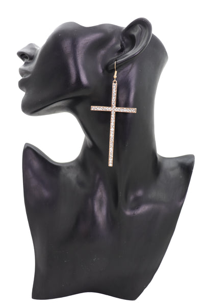 Brand New Women Gold Metal Big Cross Earrings Set Hook Closer Fashion Religious Jewelry Elegant