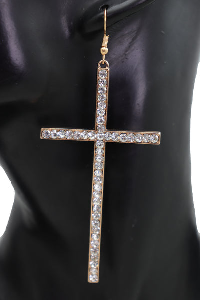 Brand New Women Gold Metal Big Cross Earrings Set Hook Closer Fashion Religious Jewelry Elegant