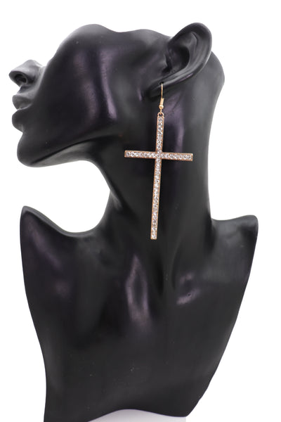 Brand New Women Gold Metal Big Cross Earrings Set Hook Closer Fashion Religious Jewelry Elegant