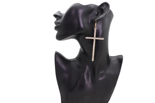 Brand New Women Gold Metal Big Cross Earrings Set Hook Closer Fashion Religious Jewelry Elegant