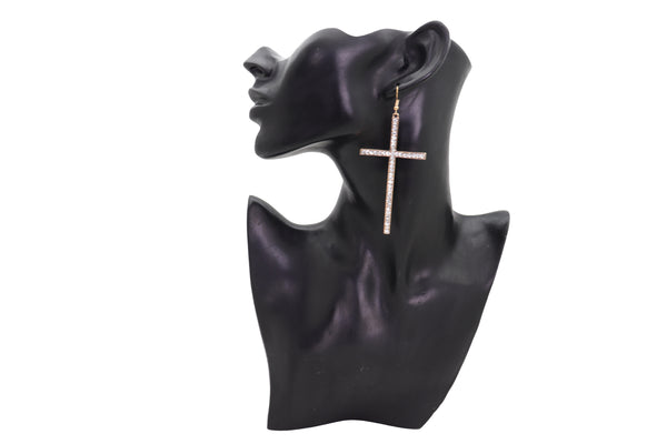 Brand New Women Gold Metal Big Cross Earrings Set Hook Closer Fashion Religious Jewelry Elegant