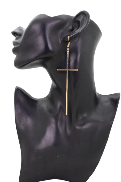 Brand New Women Large Gold Metal Big Cross Hook Earrings Bling Fashion Religious Jewelry