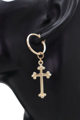 Gold Metal Cute Religious Dangle Earrings Christian Cross