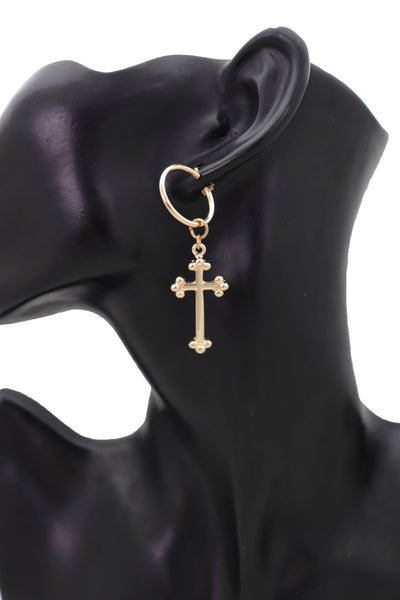 Brand New Women Gold Metal Cute Religious Fashion Jewelry Dangle Earrings Christian Cross