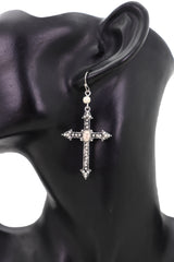 Earrings Religious Christian Pointy Cross Hook White Beads