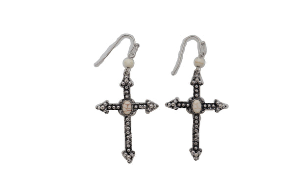 Brand New Women Earrings Religious Christian Pointy Cross Fashion Jewelry Hook White Beads