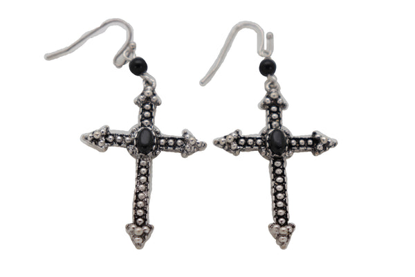 Brand New Women Earrings Religious Christian Pointy Cross Fashion Jewelry Hook Black Beads
