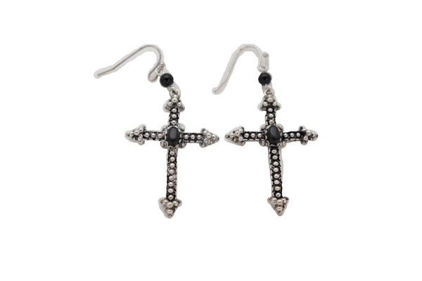 Brand New Women Earrings Religious Christian Pointy Cross Fashion Jewelry Hook Black Beads