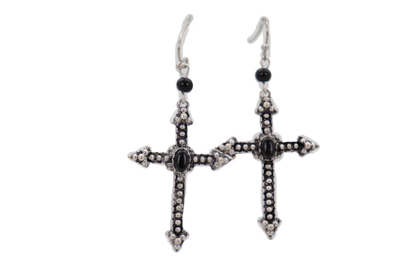 Brand New Women Earrings Religious Christian Pointy Cross Fashion Jewelry Hook Black Beads