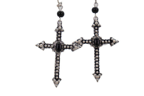 Brand New Women Earrings Religious Christian Pointy Cross Fashion Jewelry Hook Black Beads