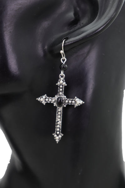 Brand New Women Earrings Religious Christian Pointy Cross Fashion Jewelry Hook Black Beads