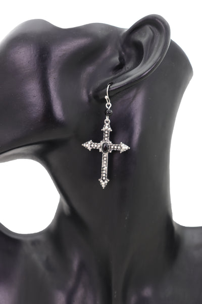 Brand New Women Earrings Religious Christian Pointy Cross Fashion Jewelry Hook Black Beads