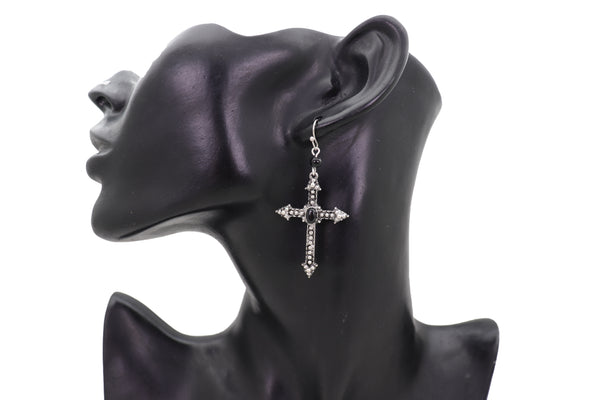 Brand New Women Earrings Religious Christian Pointy Cross Fashion Jewelry Hook Black Beads