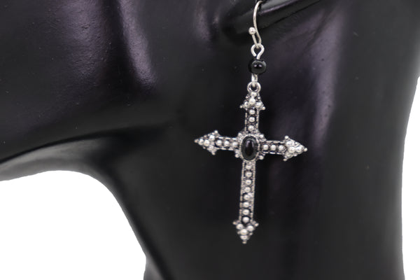 Brand New Women Earrings Religious Christian Pointy Cross Fashion Jewelry Hook Black Beads