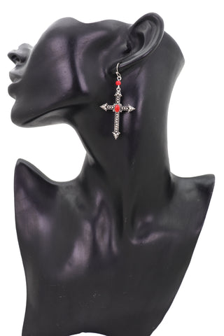 Brand New Women Earrings Set Antique Silver Metal Pointy Cross Religious Fashion Jewelry Red
