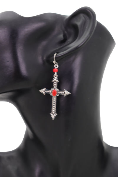 Brand New Women Earrings Set Antique Silver Metal Pointy Cross Religious Fashion Jewelry Red
