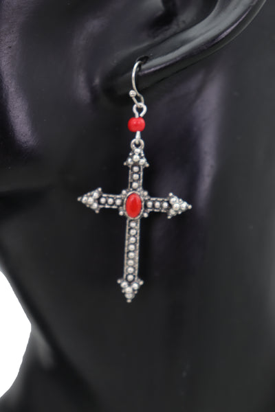 Brand New Women Earrings Set Antique Silver Metal Pointy Cross Religious Fashion Jewelry Red