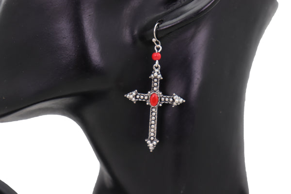 Brand New Women Earrings Set Antique Silver Metal Pointy Cross Religious Fashion Jewelry Red