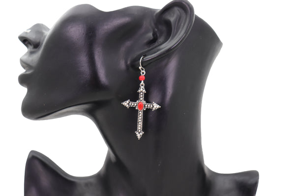 Brand New Women Earrings Set Antique Silver Metal Pointy Cross Religious Fashion Jewelry Red