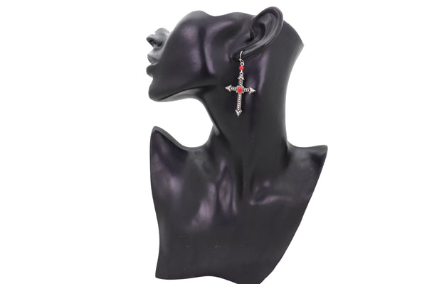 Brand New Women Earrings Set Antique Silver Metal Pointy Cross Religious Fashion Jewelry Red