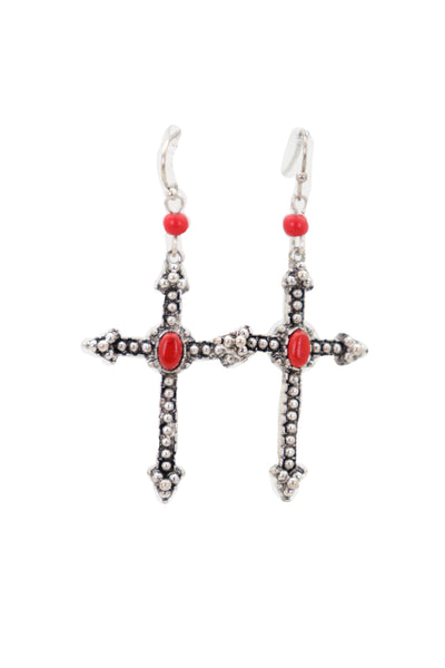Brand New Women Earrings Set Antique Silver Metal Pointy Cross Religious Fashion Jewelry Red