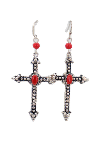 Brand New Women Earrings Set Antique Silver Metal Pointy Cross Religious Fashion Jewelry Red