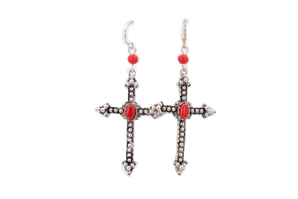 Brand New Women Earrings Set Antique Silver Metal Pointy Cross Religious Fashion Jewelry Red