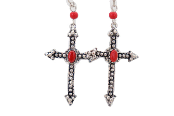 Brand New Women Earrings Set Antique Silver Metal Pointy Cross Religious Fashion Jewelry Red