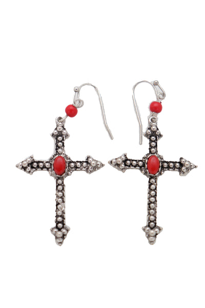 Brand New Women Earrings Set Antique Silver Metal Pointy Cross Religious Fashion Jewelry Red