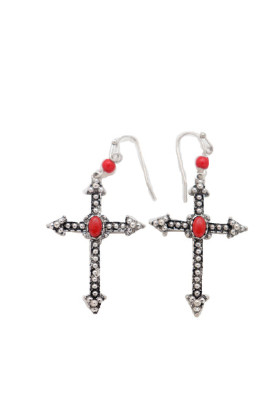 Brand New Women Earrings Set Antique Silver Metal Pointy Cross Religious Fashion Jewelry Red