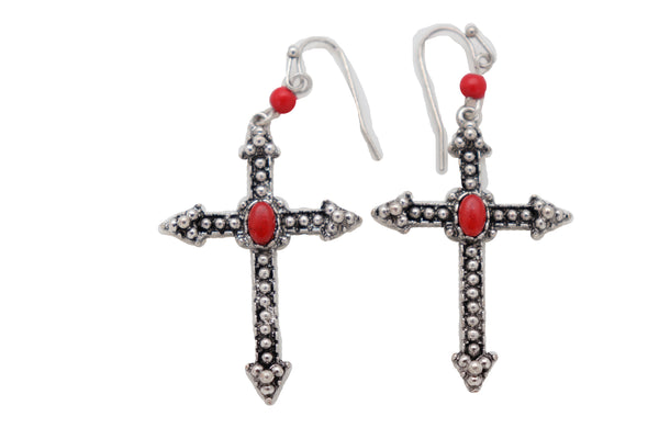 Brand New Women Earrings Set Antique Silver Metal Pointy Cross Religious Fashion Jewelry Red