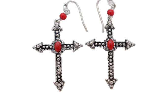 Brand New Women Earrings Set Antique Silver Metal Pointy Cross Religious Fashion Jewelry Red