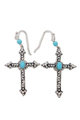 Silver Metal Pointy Cross Earrings Turquoise Blue Beads