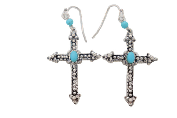 Brand New Women Silver Metal Pointy Cross Earrings Turquoise Blue Beads Fashion Jewelry