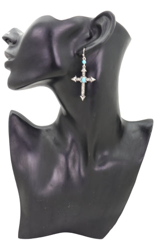 Brand New Women Silver Metal Pointy Cross Earrings Turquoise Blue Beads Fashion Jewelry