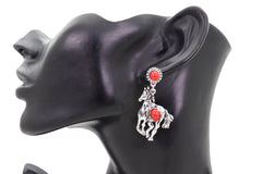 Earrings Set Antique Silver Metal Horse Rodeo Western Fashion Red Beads