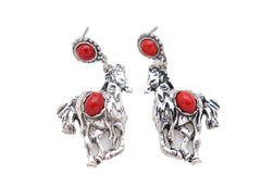 Earrings Set Antique Silver Metal Horse Rodeo Western Fashion Red Beads