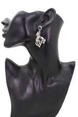 Women Earrings Set Silver Metal Horse Rodeo Western Black Beads
